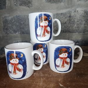 Elaine Thompson Holiday Smiling Snowman and Moon Mugs Set of 4 c1994 Christmas